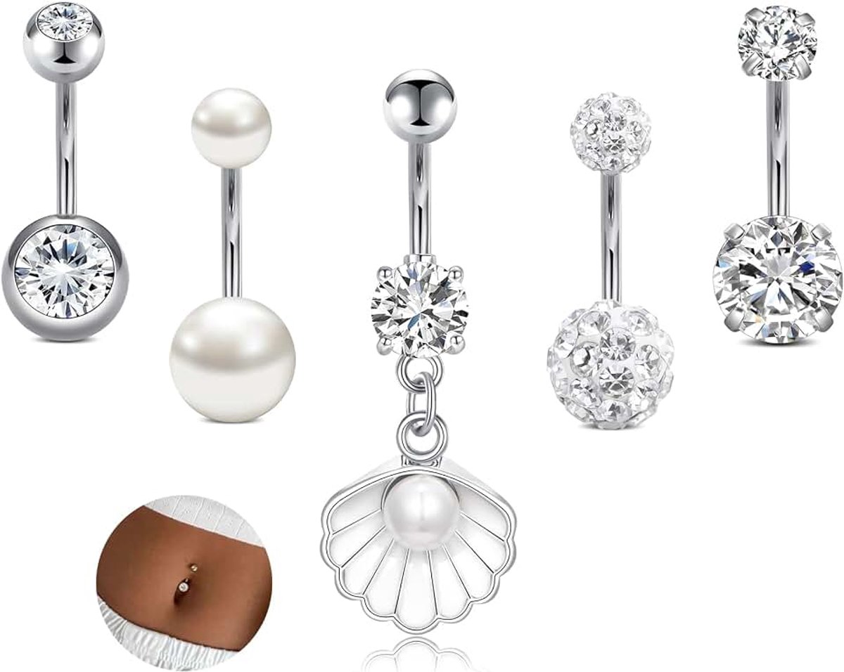 Navelpiercing met diamant, parel, schelp-hanger, 16G roestvrij staal, navelpiercing, sieraad voor dames, 5 stuks
