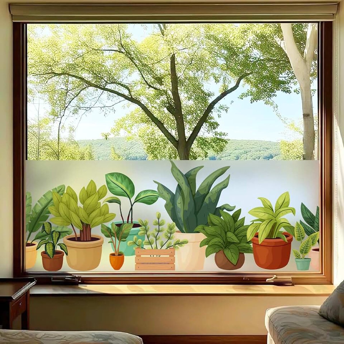 Dktie Statische hechtende raamfolie, matte privacyfolie met kleurrijk potplantenpatroon, anti-uv niet-verblindende zonwerende folie, raamsticker voor woonkamer, keuken, kantoor, 44,5 x 200 cm