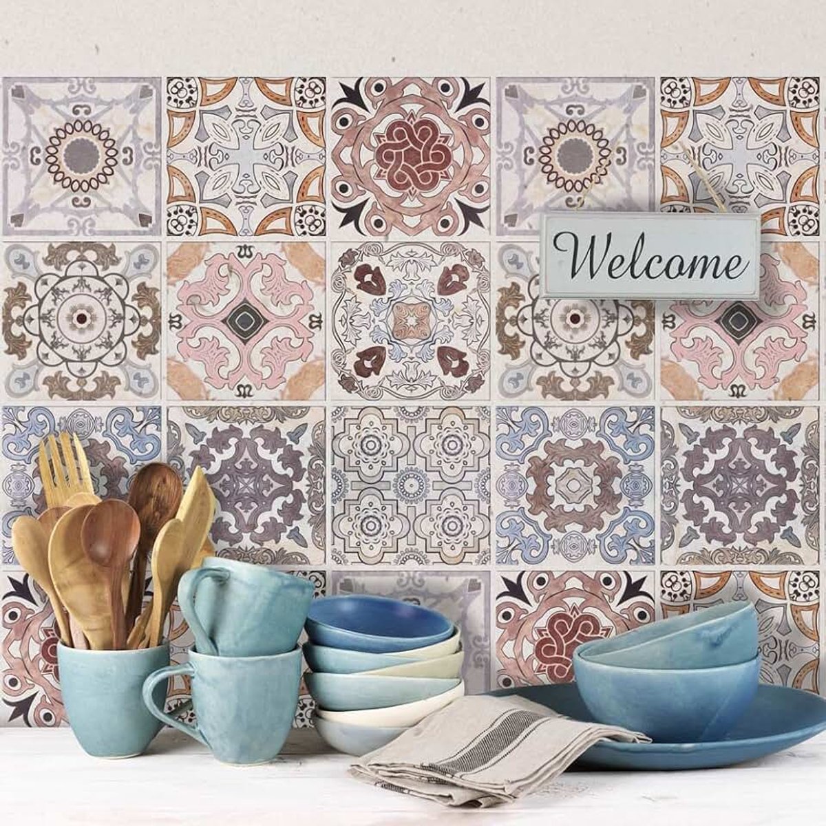 Tegelstickers Badkamer en Keuken 12 Pcs 15x15 cm - PS00058 Wanddecoratie van PVC Waterbestendig Tegels Mozaïek Cementtegels in Azulejos-stijl