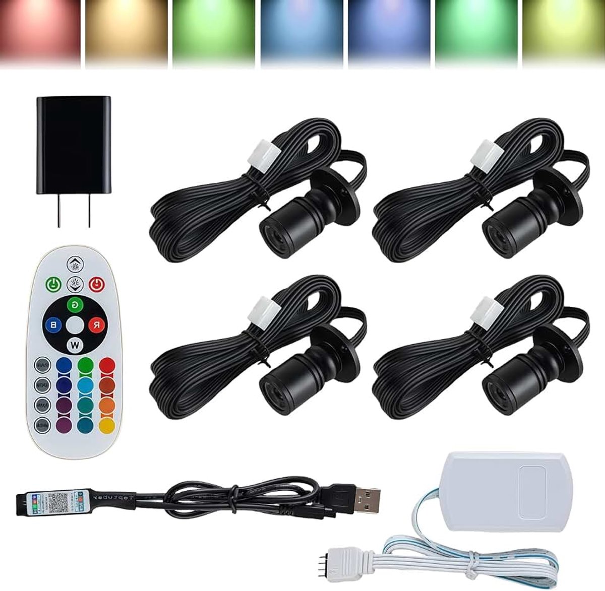 4 x mini-spot led-inbouwspots, 1 W, 180 graden, voor gebruik binnenshuis met bluetooth-afstandsbediening, RGB led-spots, aluminium, tafelverlichting voor gangen, winkels, sieradenvitrines