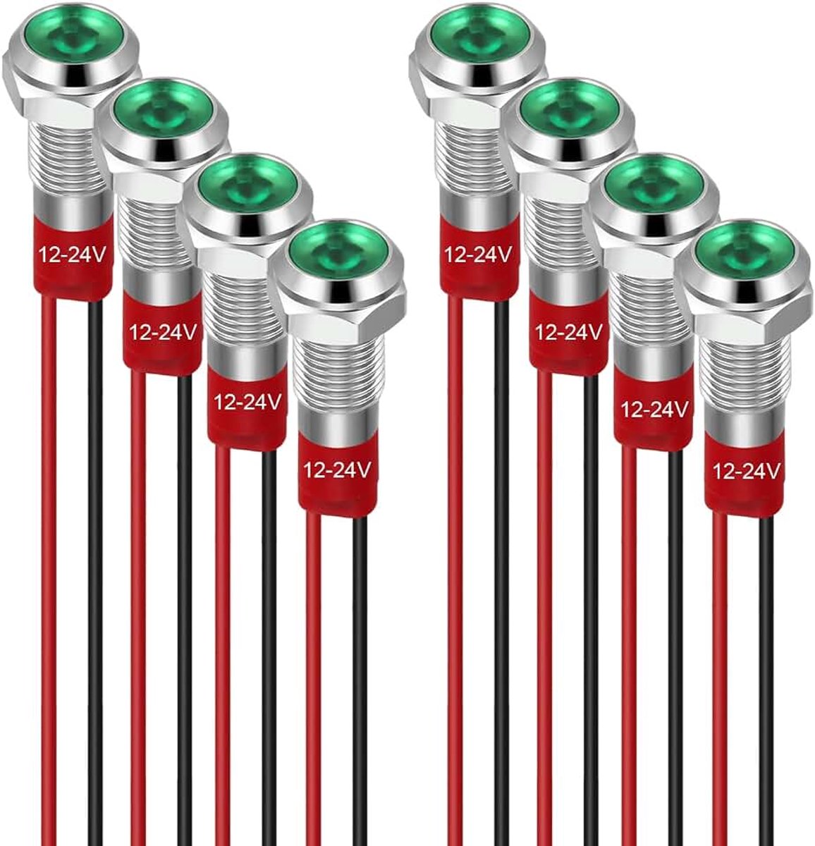 6mm LED Indicatielampje 12-24V Waterdicht Signaallicht Metalen Paneel LED Indicatielampje Paneelmontage Platte Kop met Draden Zilveren Schelp (Groen, 8 Stuks)