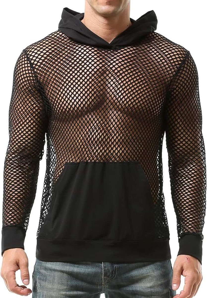 Heren Visnet Hooded Sweatshirt Mesh Visnet Hoodie Transparante Lange Mouw Trui Casual Ademend Trui Sweatshirt Mesh Top Hollow Sweatshirt
