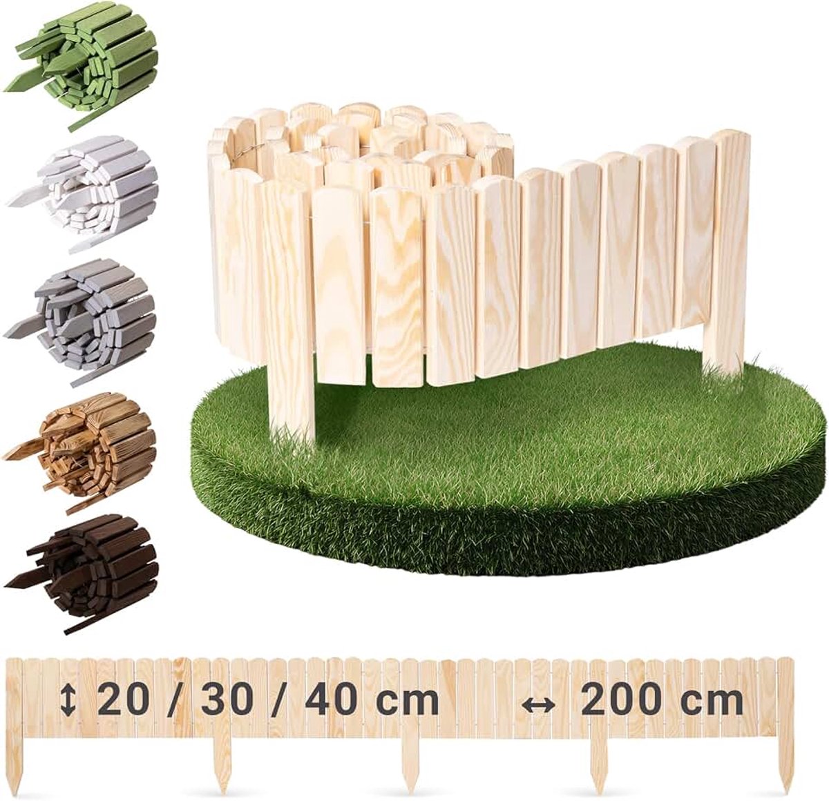 Hout • 6 kleuren • hoogte 20 cm 30 cm 40 cm • natuur 40 cm x 200 cm • flexibele boomomranding • bedomranding • gazonrand