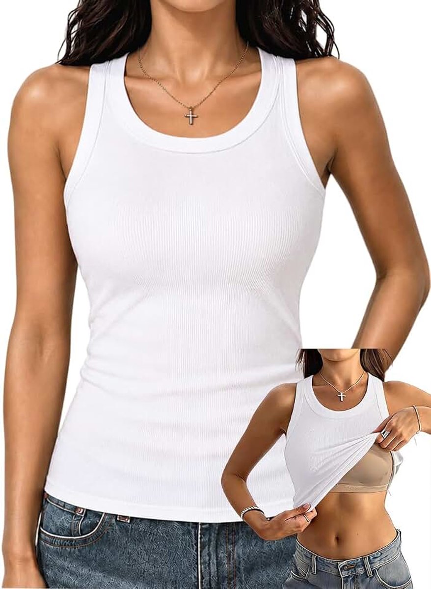 Racerback-tanktops met ingebouwde beha voor vrouwen, geribbelde basics met hoge hals, getailleerde lange beha-tanks