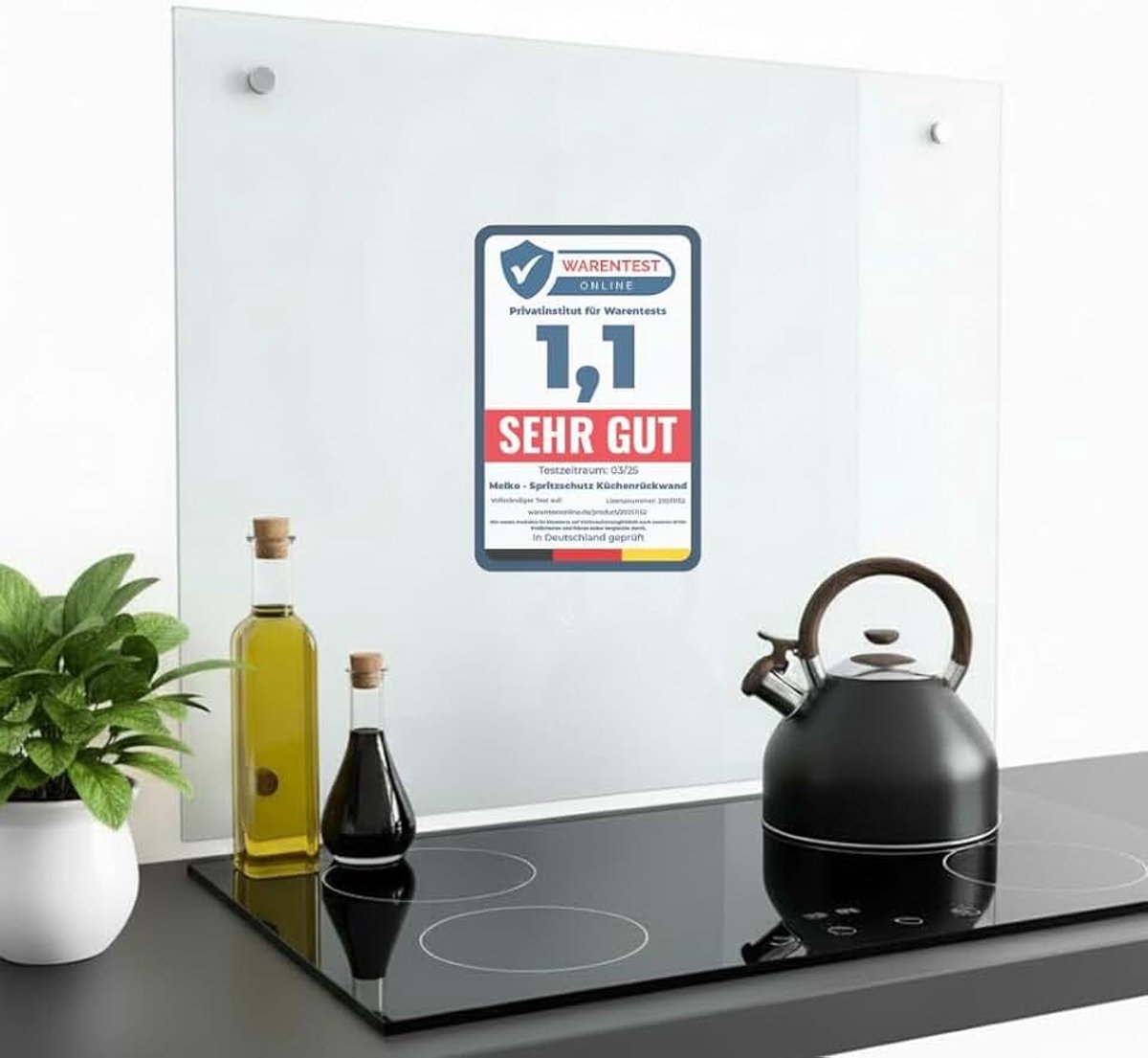 Keukenachterwand, spatscherm, spatbescherming, keuken, fornuis, tegels, 6 mm ESG-veiligheidsglas, met schroeven, 90 x 55 cm, helder glas