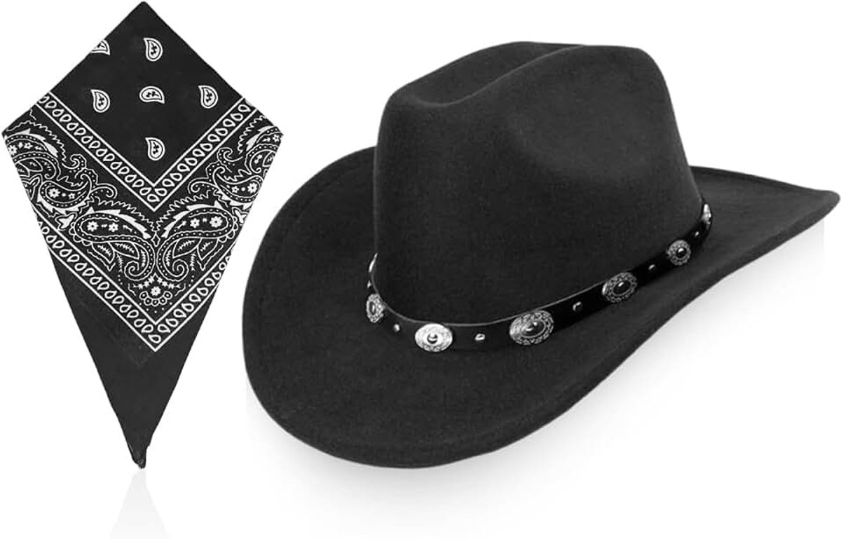 1 x cowboyhoed van vilt met brede rand en 1 x multifunctionele vierkante sjaal, retro hoed, kledingaccessoire, modieuze eenvoudige hoeden