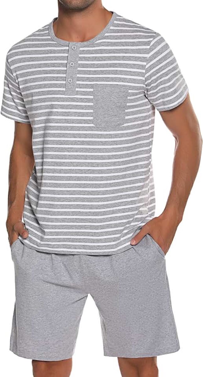 Pyjama voor heren, van katoen met contrasterende strepen, zomerpyjamaset, bovendeel en korte broek, vader en partner, groen, L