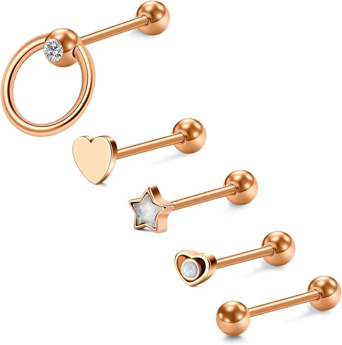 14G tongpiercing goud zilver roségoud 16 mm, 1,6 mm tongpiercing chirurgisch staal, tongpiercings set roze hart 5 mm bol, tong barbell tong piercing tong bar lichaamssieraad dames heren