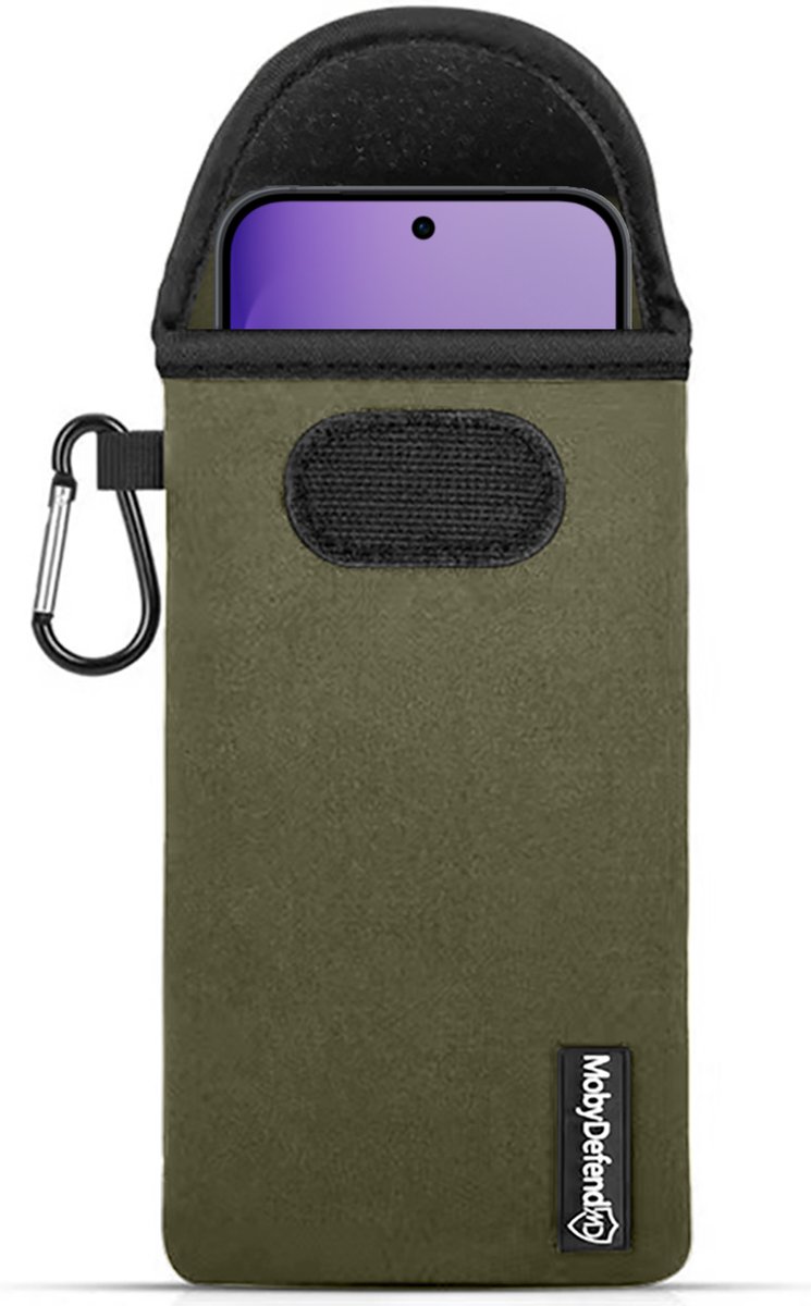 MobyDefend Hoesje - Geschikt voor Oppo Reno16 Pro - Neopreen Pouch Met Karabijnhaak - Insteek - Riemlus - Groen