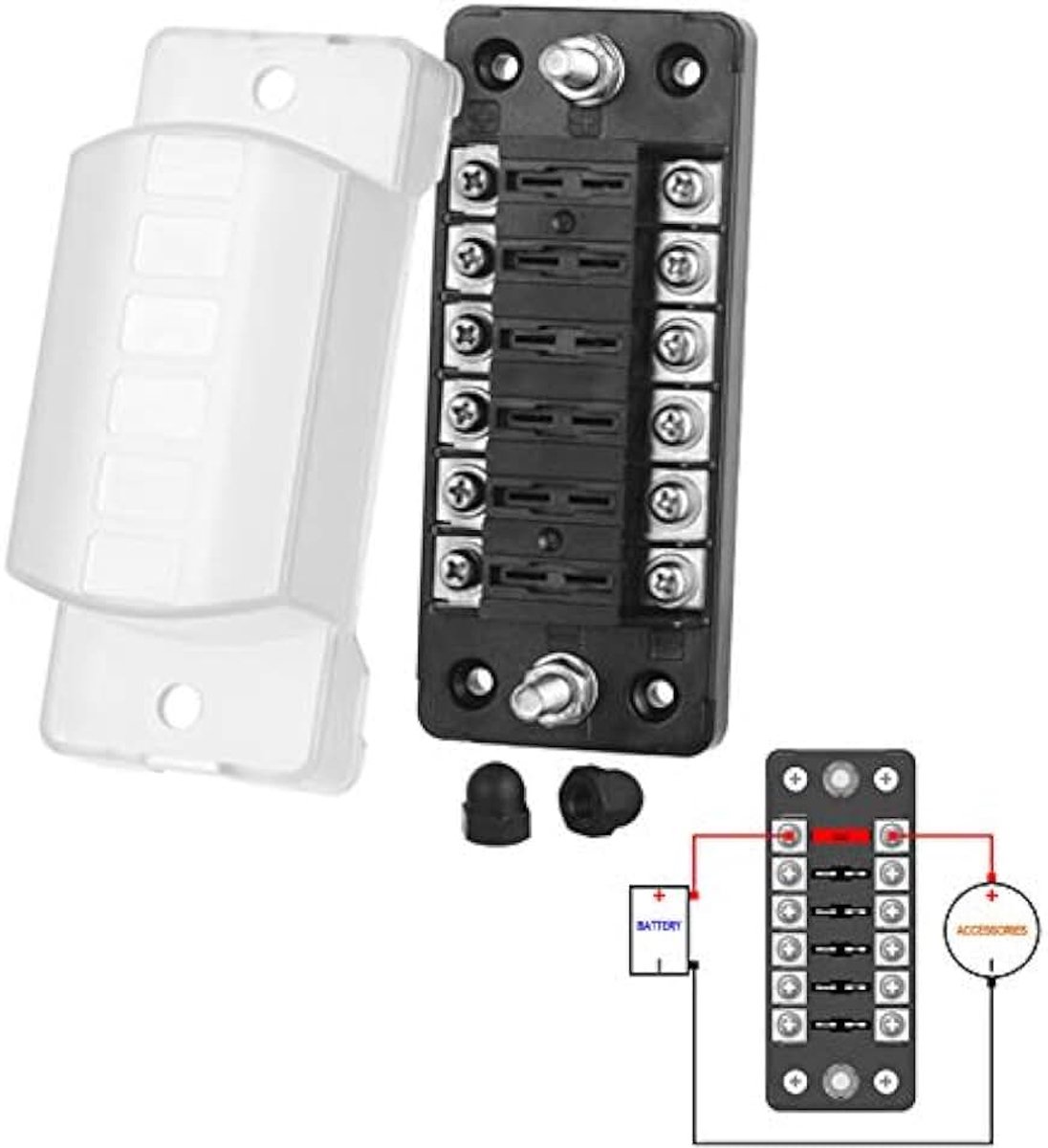 12 V DC 6 schakelingen – zekeringhouder ATO/ATC (1-20 A) met M5-schroefverbindingen