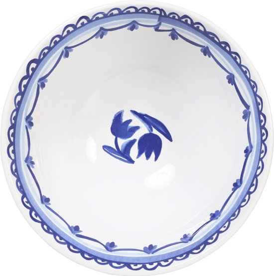 Porseleinen schaal, wit met een blauwe decoratieve rand en een blauwe tulp in het midden.