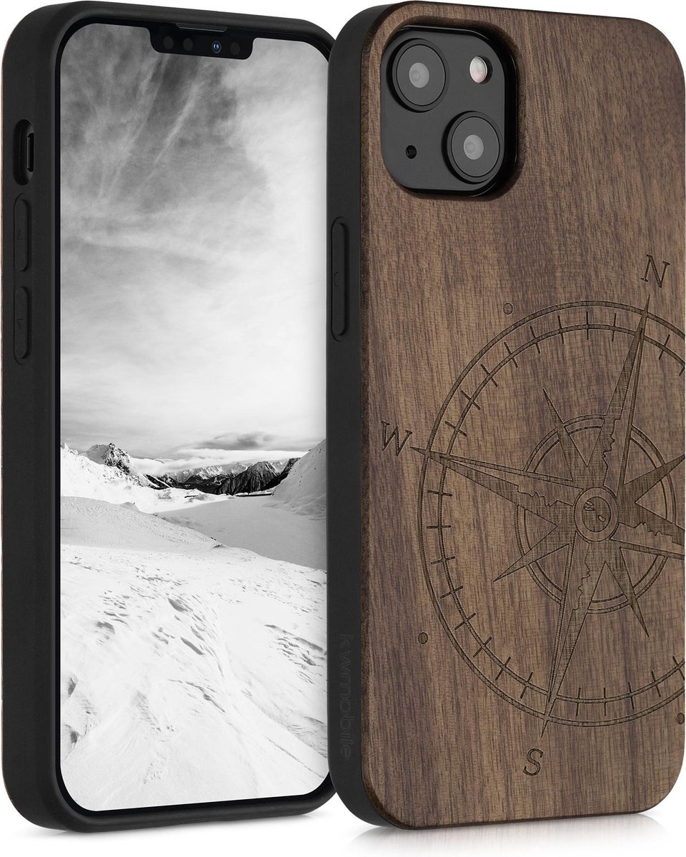 kwmobile telefoonhoesje geschikt voorApple iPhone 13 - Hoesje met bumper - hout - In donkerbruin Vintage Kompas design