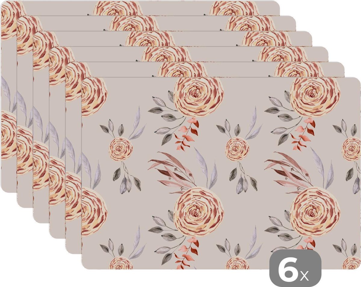 Placemat - Placemats kunststof - Rozen - Bloemen - Goud - Patroon - 45x30 cm - 6 stuks - Hittebestendig - Anti-Slip - Onderlegger - Afneembaar
