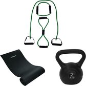 Tunturi - Fitness Set - Kettlebell 2 kg - Fitnessmat 160 x 60 x 0,7 cm - Tubing Set Groen