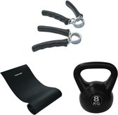 Tunturi - Fitness Set - Kettlebell 8 kg - Fitnessmat 160 x 60 x 0,7 cm - Knijphalters 2 stuks