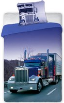 Vrachtauto kinder dekbedovertrek - truck - vrachtwagen - paars - eenpersoons - 100% katoen