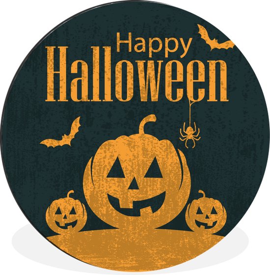 WallCircle - Wandcirkel - Muurcirkel - Happy Halloween omringd met vleermuizen en pompoenen in een illustratie - Aluminium - Dibond - ⌀ 90 cm - Binnen en Buiten