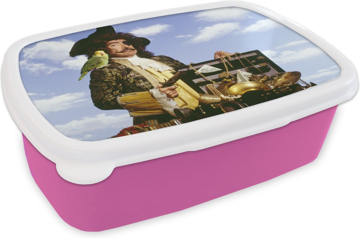 Broodtrommel Roze - Lunchbox - Brooddoos - Piraat met schat - 18x12x6 cm - Kinderen - Meisje