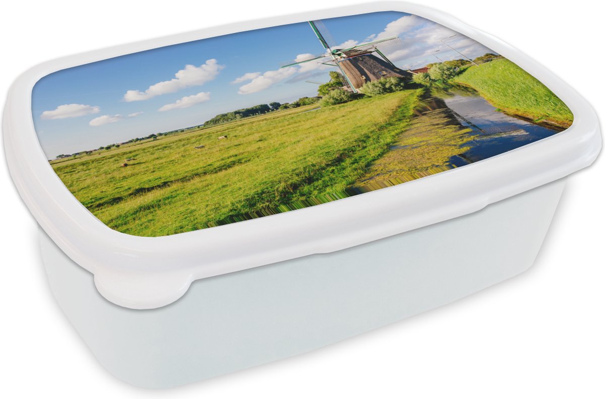 Broodtrommel Wit - Lunchbox - Brooddoos - Molen - Gras - Nederland - 18x12x6 cm - Volwassenen