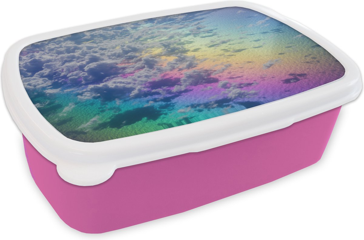 Broodtrommel Roze - Lunchbox - Brooddoos - Wolken met een regenboog - 18x12x6 cm - Kinderen - Meisje