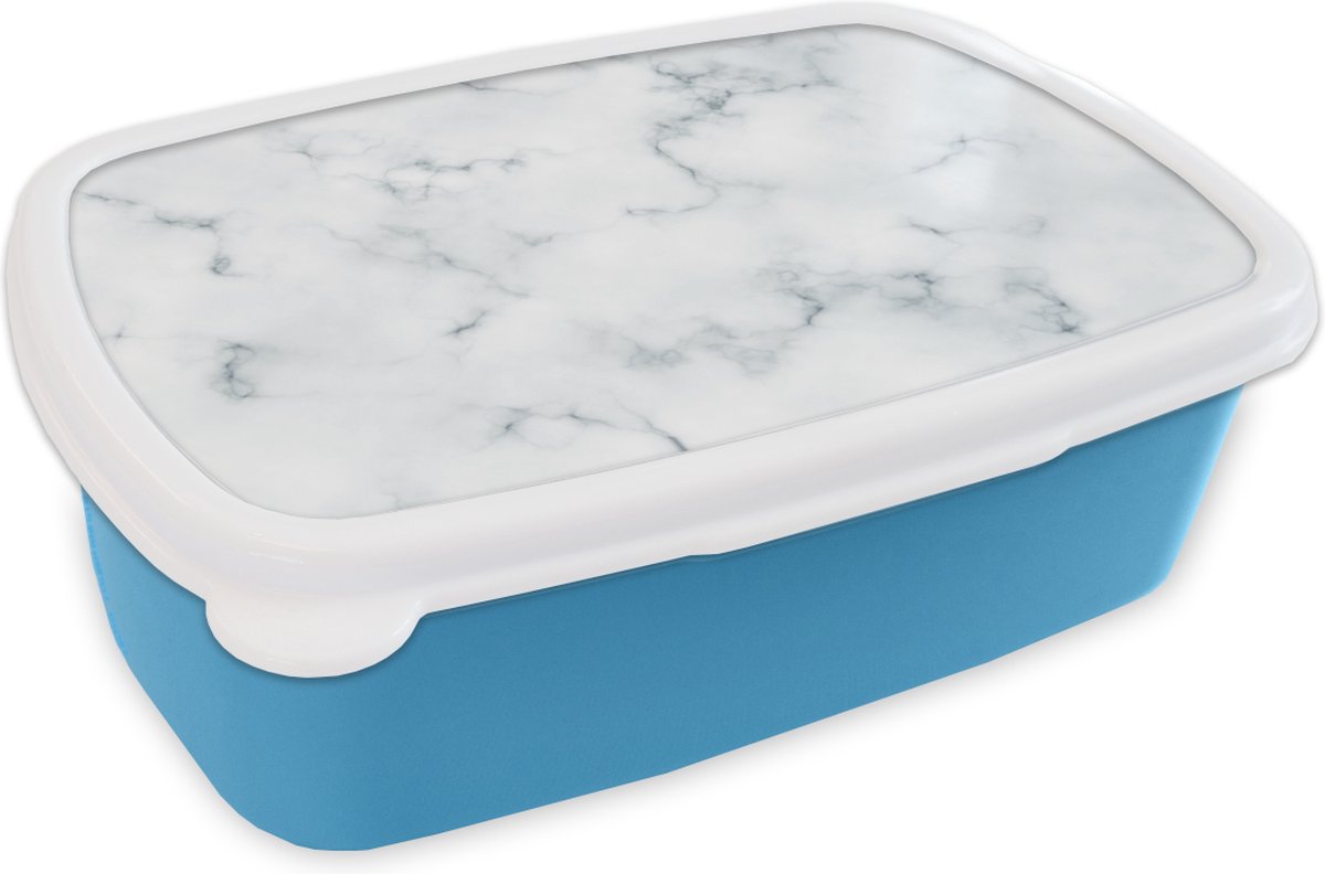 Broodtrommel Blauw - Lunchbox - Brooddoos - Marmer - Chic - Wit - Zwart - 18x12x6 cm - Kinderen - Jongen