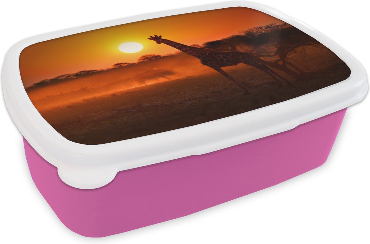 Broodtrommel Roze - Lunchbox - Brooddoos - Giraffe - Zon - Savanne - 18x12x6 cm - Kinderen - Meisje