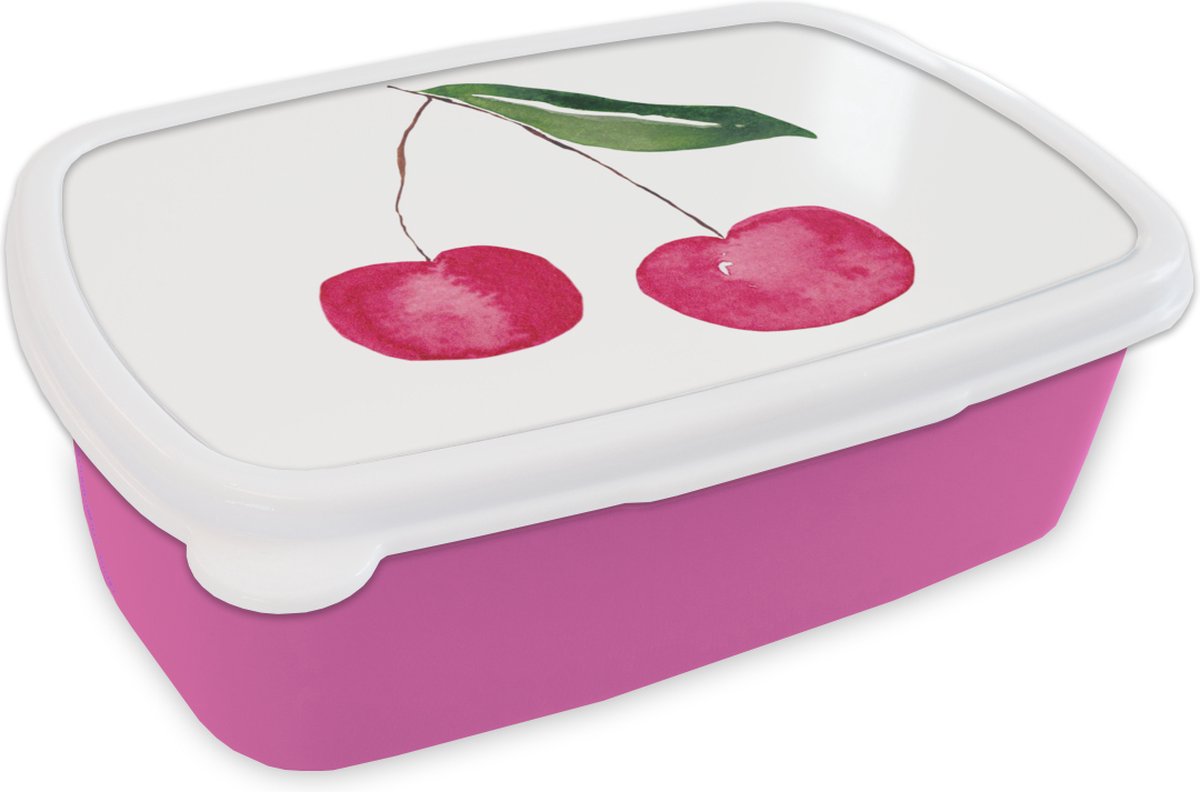 Broodtrommel Roze - Lunchbox - Brooddoos - Kersen - Waterverf - Wit - 18x12x6 cm - Kinderen - Meisje