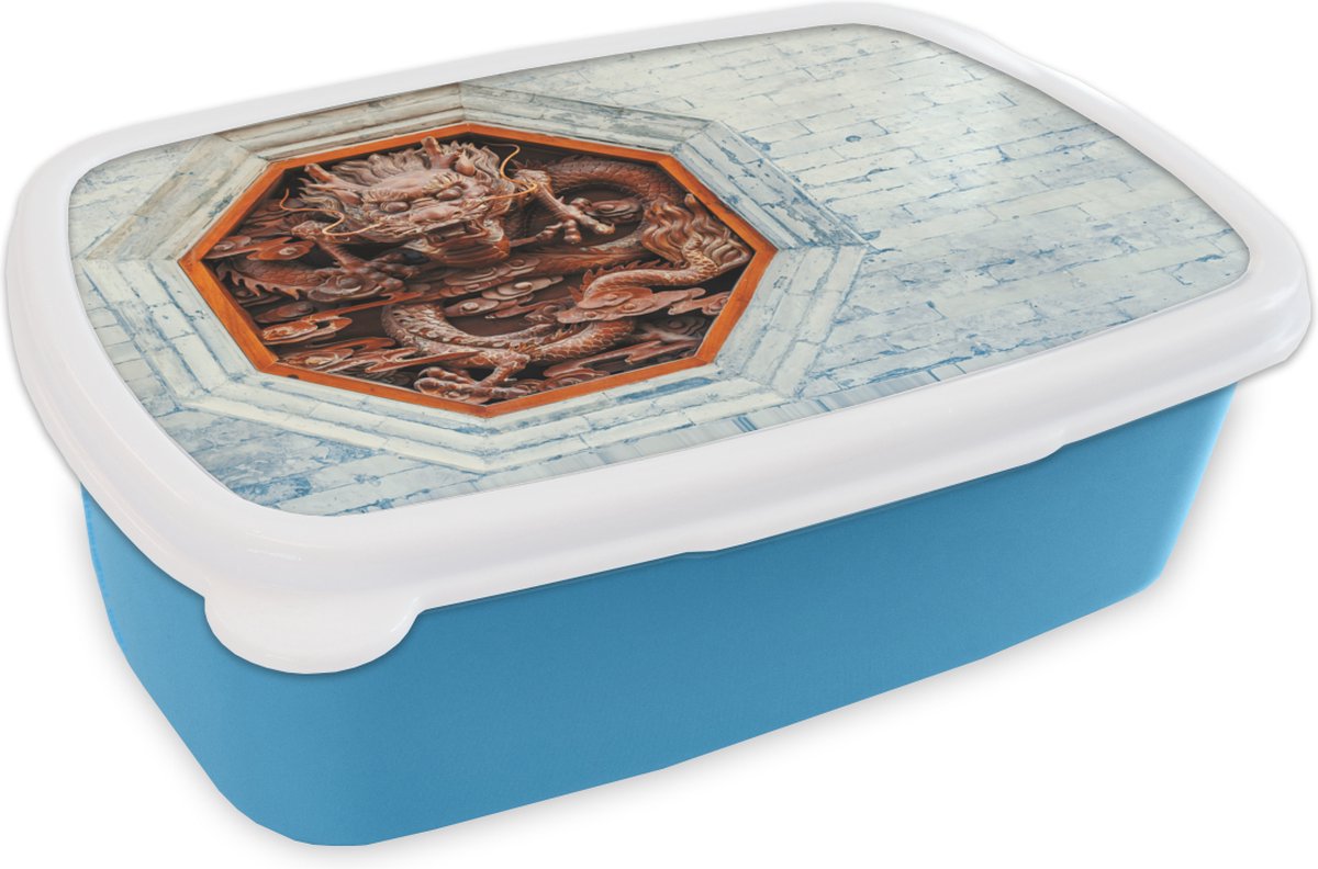 Broodtrommel Blauw - Lunchbox - Brooddoos - Rode draak in octagon - 18x12x6 cm - Kinderen - Jongen