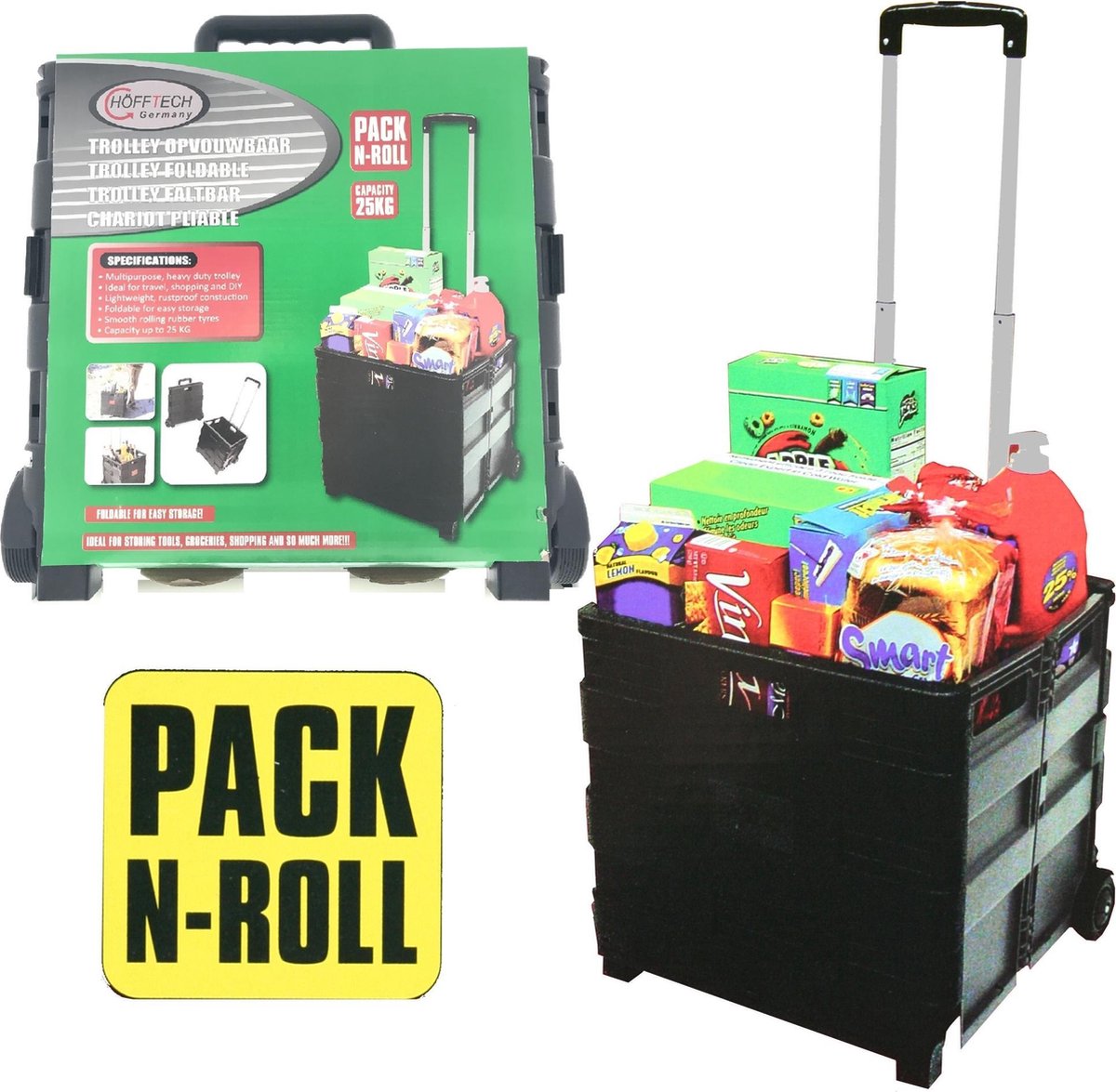 Relaxdays boodschappentrolley inklapbaar, tot 35 kg, kunststof krat, telescopisch handvat, vouwkrat, 2 wieltjes, groen