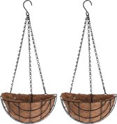 2x stuks metalen hanging baskets / plantenbakken halfrond zwart met ketting 31 cm inclusief kokosinlegvel - Hangende bloemen