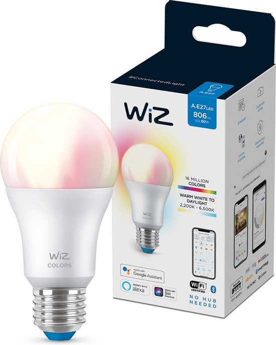 WiZ Lamp Slimme LED Verlichting E27 Lichtbron - Gekleurd en Wit Licht - 60W  - Mat - WiFi | bol.com