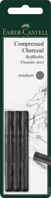 Charbon compressé moyen Faber-Castell PITT CHARCOAL dans un emballage blister de trois pièces.