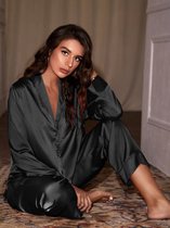 MKL - Dames Pyjama set van broek/pantalon en blouse lange mouw zoete en zacht - zijden rayon - Kleur zwart - Nacht sets- Knopen - Nachtkleding/ ochtendkleding -Maat (M)