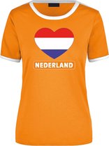 Holland oranje/wit ringer t-shirt Nederland vlag in hart - dames - Nederland landen shirt - supporter / fan kleding S