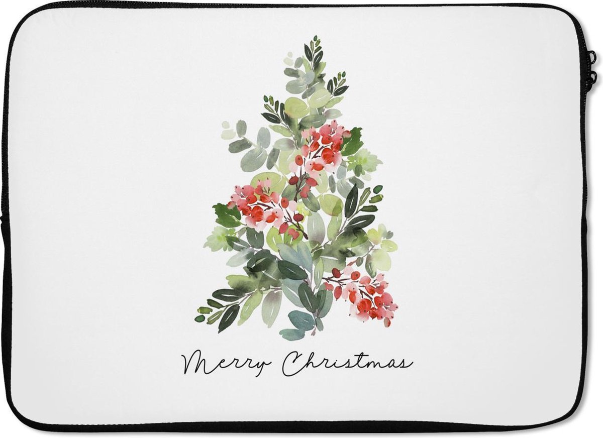 Laptophoes 13 inch - Kerstboom - Waterverf - Quote - Laptop sleeve - Binnenmaat 32x22,5 cm - Zwarte achterkant - Kerst - Cadeau - Kerstcadeau voor mannen en voor vrouwen
