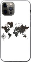 Geschikt voor iPhone 12 Pro hoesje - Wereldkaart - Goud - Zwart - Windroos - Siliconen Telefoonhoesje