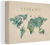 Wanddecoratie Wereldkaart - Planten - Turquoise - Canvas - 80x60 cm