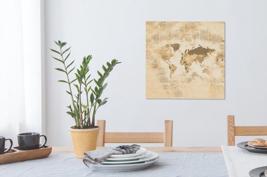 Décoration murale Wereldkaart - Vintage - Papier journal - Toile - 50x50 cm