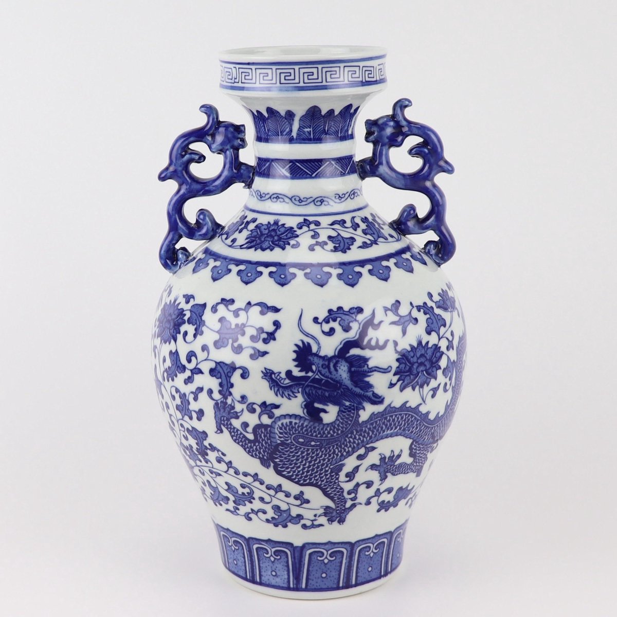 Fine Asianliving Chinese Vaas Blauw Wit Porselein Draak D18xH33cm Blauw, Wit