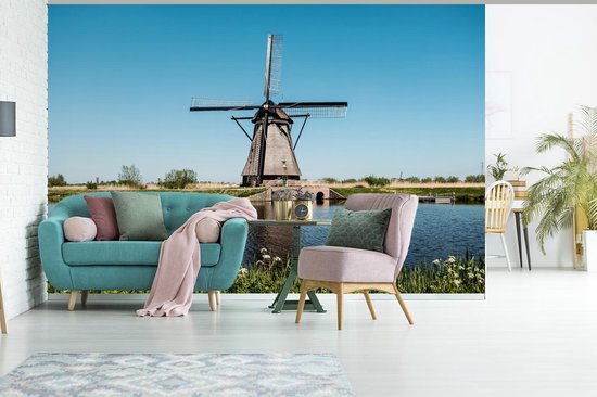 Photo des moulins à vent de Kinderdijk aux Pays-Bas sur l'eau papier peint photo vinyle largeur 390 cm x hauteur 260 cm - Tirage photo sur papier peint (disponible en 7 tailles)
