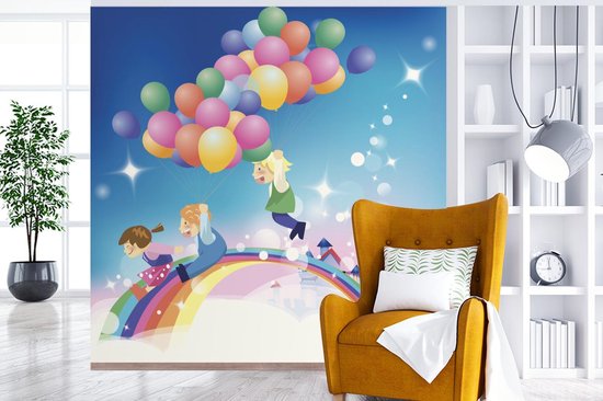 Papier peint photo vinyle - Une illustration d'une fille avec des ballons aux couleurs de l'arc-en-ciel largeur 350 cm x hauteur 350 cm - Tirage photo sur papier peint (disponible en 7 tailles)