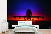 Behang - Fotobehang Verschillende kleuren achter het opstijgende vliegtuig - Breedte 450 cm x hoogte 300 cm