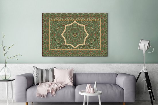 Toile Peinture Tapis Persan - Tapis - Mandala - Vert - 120x80 cm - Décoration murale