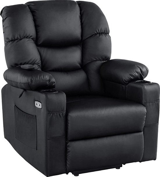 Bobby's Luxe Elektrische Relax stoel - Ligpositie 170 Graden - Voetensteun - Chill stoel - USB Aansluiting - Zwart - Leer - Retro - Tv stoel - Sta Op Functie - 3 Motoren -‎ 90 x 84 x 108 cm