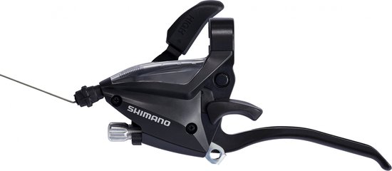 Zwarte Shimano shifter met 3 versnellingen en V-brake remhendel, met tekst 'HIGH'.