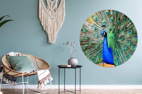 Cercle mural - Cercle mural - Paon - Ressorts - Blauw - Aluminium - Dibond - ⌀ 120 cm - Intérieur et Extérieur XXL