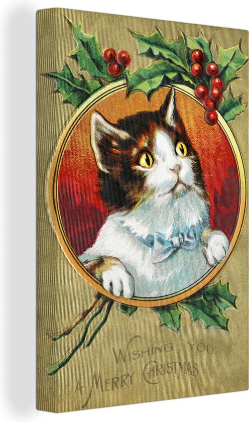Canvas Schilderij Kerst - Kunst - Kat - 20x30 cm - Wanddecoratie