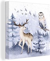 Canvas Schilderij Winter - Hert - Uil - 20x20 cm - Wanddecoratie