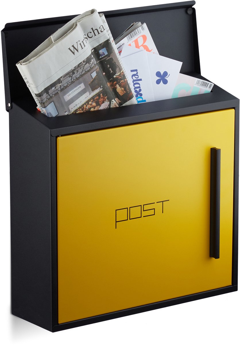 brievenbus - met slot - modern - staal - 33 x 35 x 12,5 cm - groot - zwart-geel