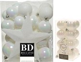 Kerstversiering kunststof kerstballen parelmoer wit 4-5-6-8 cm pakket van 49x stuks - Met kunststof ster piek van 19 cm
